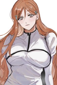 1girl bleach breasts brown_eyes closed_mouth female_focus hair_ornament hairclip highres inoue_orihime large_breasts long_hair looking_at_viewer namahamumn orange_hair simple_background snowflake_hair_ornament upper_body white_background