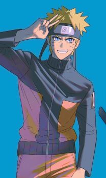 1boy blonde_hair blue_background blue_eyes closed_mouth facial_mark grin highres innagw0 looking_at_viewer male_focus naruto_(series) short_hair simple_background smile solo spiked_hair uzumaki_naruto v whisker_markings zipper