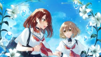 2girls :d bag black_choker blue_sky bracelet brown_eyes brown_hair choker cloud day flower hair_between_eyes highres holding_hands jewelry key_visual lily_(flower) looking_at_another medium_hair momoiro multiple_girls neckerchief official_art open_mouth outdoors parted_lips promotional_art red_hair red_neckerchief sailor_collar school_bag school_uniform serafuku shirt short_hair short_sleeves shoulder_bag sky smile upper_body watashi_wo_tabetai_hitodenashi watch water_drop white_flower white_lily white_sailor_collar white_serafuku white_shirt wristwatch yaotose_hinako yashiro_miko yellow_eyes