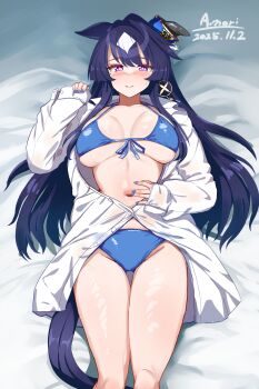 1girl a.nori absurdres animal_ears bikini blue_bikini blue_hair blush breasts closed_mouth commentary_request ear_covers highres horse_ears horse_girl horse_tail large_breasts long_hair lying mole mole_under_eye on_back purple_eyes single_ear_cover solo swimsuit tail umamusume verxina_(umamusume)