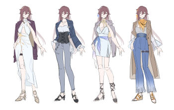 1girl absurdres alternate_costume artist_collaboration blue_jacket blue_pants breasts brown_coat brown_hair cleavage coat commentary corset dress eden_(honkai_impact) english_commentary grey_jacket grey_pants hair_between_eyes high-waist_pants highres honkai_(series) honkai_impact_3rd jacket jacket_on_shoulders long_hair looking_at_viewer medium_breasts multiple_views o-ring o-ring_thigh_strap orange_scarf pants parted_lips purple_jacket reference_sheet sang_sha scarf simple_background sketch smile thigh_strap white_background white_dress yellow_eyes zelian