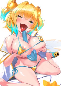 areola_slip balloon bikini blush bombergirl breast_hold breasts coat collarbone dog gradient_hair green_eyes groin hair_ornament large_breasts lowleg lowleg_bikini micro_bikini multicolored_hair open_mouth p_answer pine_(bombergirl) sexually_suggestive shadow side-tie_bikini_bottom sitting skindentation slippers solo string_bikini swimsuit symbol-shaped_pupils tongue tongue_out wariza white_background white_coat yellow_bikini