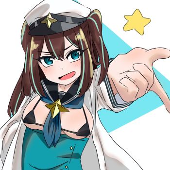 1girl akoya_matama aqua_eyes aqua_hair arm_at_side bikini black_bikini black_hat black_sailor_collar blue_background blue_neckerchief blue_skirt blush breasts brown_hair coat dot_nose female_focus hat high-waist_skirt index_finger_raised loco_musica long_hair long_sleeves mahou_shoujo_ni_akogarete medium_breasts multicolored_hair neckerchief one_(pixiv92832278) open_clothes open_coat open_mouth outstretched_arm sailor_collar simple_background skirt smile solo streaked_hair swimsuit twintails two-tone_background two-tone_hair two-tone_hat upper_body white_background white_coat white_hat