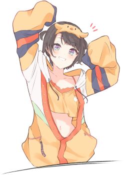 1girl absurdres arms_up black_hair blush clothing_request collarbone commentary_request drawstring eyelashes highres hololive hood hood_down multicolored_eyes navel nishiki_yuno notice_lines oozora_subaru short_hair simple_background sleeves_past_fingers sleeves_past_wrists smile solo teeth two_side_up virtual_youtuber white_background