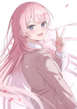 1girl absurdres azakura_(beniyomogi) bang_dream! bang_dream!_it's_mygo!!!!! blush chihaya_anon commentary fang grey_eyes grey_jacket haneoka_school_uniform highres jacket long_hair long_sleeves looking_at_viewer open_mouth pink_hair revision school_uniform simple_background solo teeth upper_body upper_teeth_only v white_background