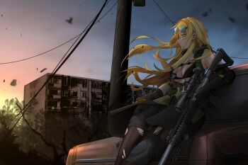 Rule 34 | 1girl, absurdres, ammunition pouch, apartment, ayou (aukuamani), bipod, black bra, black shorts, blonde hair, blue sky, blurry, blurry foreground, bra, breasts, brown gloves, brown thighhighs, building, car, cleavage, closed mouth, commentary, dog tags, english commentary, eyewear on head, floating hair, from side, gloves, gradient sky, green eyes, gun, highres, holding, holding gun, holding weapon, knee pads, laser sight, leaf, leaning on object, load bearing equipment, looking to the side, magazine (weapon), medium breasts, motor vehicle, original, partially fingerless gloves, pouch, scope, shorts, sidelocks, sky, solo, sr-25, sunset, suppressor, thighhighs, torn clothes, torn thighhighs, tree, underwear, unworn eyewear, utility pole, weapon