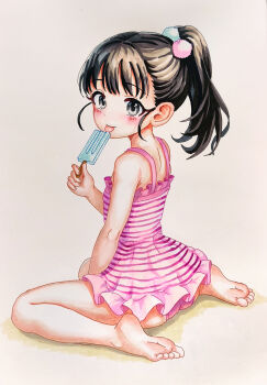 1girl absurdres arm_between_legs armpit_crease ass back barefoot black_hair casual_one-piece_swimsuit child clenched_hand eating eyelashes feet female_focus fingernails flat_chest food from_behind fukuyama_mai full_body grey_eyes hand_up happy highres holding holding_food holding_ice_cream ice_cream idolmaster idolmaster_cinderella_girls idolmaster_cinderella_girls_u149 knees legs light_blush long_hair looking_at_viewer looking_back marker_(medium) namco neck one-piece_swimsuit parted_lips pink_one-piece_swimsuit ponytail seiza shoulder_blades sidelocks sitting smile soles solmyr2000 swimsuit thighs toenails toes tongue tongue_out traditional_media