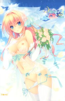 1girl absurdres blonde_hair blue_eyes blush bouquet breasts bridal_veil elbow_gloves est_gealach_arnotts female_focus flower garter_belt gloves hair_intakes highres huge_filesize jewelry large_breasts long_hair looking_at_viewer navel necklace nipples panties panty_pull see-through_clothes side-tie_panties smile solo string_panties suzuhira_hiro thighhighs topless_female tsuki_ni_yorisou_otome_no_sahou_2 underwear untied untying veil white_gloves white_panties white_thighhighs