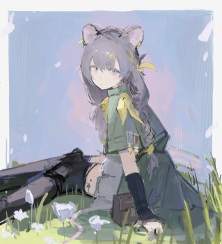 Rule 34 | 1girl, animal ear piercing, animal ears, arknights, black thighhighs, border, braid, closed mouth, coat, commentary request, feet out of frame, flower, green coat, grey eyes, grey hair, hair ornament, hairclip, highres, long hair, looking at viewer, lutonada (arknights), mouse ears, mouse girl, on grass, sitting, solo, thighhighs, white border, white flower, yoioisss