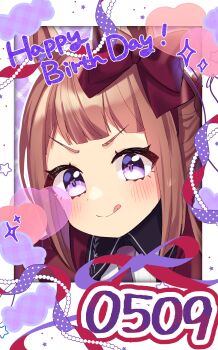 Rule 34 | 1girl, :p, absurdres, birthday, blush, brown hair, casual, closed mouth, commentary request, hair between eyes, hair ornament, happy birthday, heart, highres, horse girl, kumeuma, long hair, looking at viewer, purple eyes, ribbon, solo, sweep tosho (umamusume), tongue, tongue out, umamusume, white background