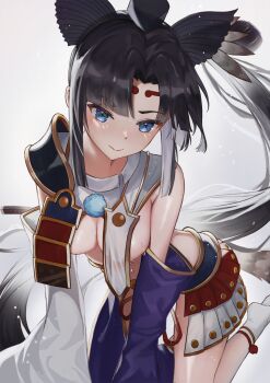 1girl armor asymmetrical_clothes asymmetrical_sleeves black_hair blue_cat_(jiwon) blue_eyes blue_panties breast_curtains breasts fate_(series) feather_hair_ornament feathers grey_background hair_ornament hat highres japanese_armor kusazuri mismatched_sleeves panties pom_pom_(clothes) purple_sleeves revealing_clothes shoulder_armor side_ponytail single_pantsleg sode solo sweat tate_eboshi thighs underwear ushiwakamaru_(fate) ushiwakamaru_(second_ascension)_(fate) white_sleeves