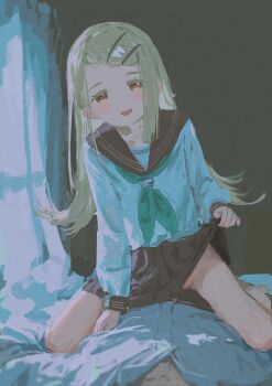 1boy 1girl absurdres arisu_syndrome black_sailor_collar black_skirt blonde_hair blue_neckerchief blush clothes_lift collared_shirt colored_eyelashes curtains dated_commentary flipped_hair gakuen_idolmaster girl_on_top hair_ornament hairclip highres idolmaster indoors lifting_own_clothes long_hair looking_at_viewer miniskirt neckerchief no_panties open_collar open_mouth orange_eyes parallel_hairclips pleated_skirt sailor_collar school_uniform serafuku shinosawa_hiro shirt skirt skirt_lift smile straddling swept_bangs white_shirt