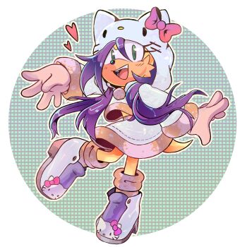 1girl alternate_costume animal_hood animal_nose aqua_background arms_up blue_boots blue_skirt blue_sweater blush body_fur boots border bow brown_fur brown_socks female_focus full_body fur-trimmed_skirt fur-trimmed_sleeves fur-trimmed_sweater fur_trim furry furry_female gloves green_eyes hair_between_eyes happy heart hello_kitty hello_kitty_(character) high_heels highres hood hood_up hooded_sweater leg_up light_blush long_hair long_sleeves looking_at_viewer midriff_peek mina_mongoose miniskirt open_mouth outline outstretched_arms pink_bow pom_pom_(clothes) purple_hair round_image sanrio sidelocks skirt smile socks solo sonic_(series) sonic_the_hedgehog_(archie_comics) standing standing_on_one_leg stellarspin sweater tail teeth two-tone_fur white_border white_gloves white_outline wide-eyed yellow_fur