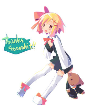 1boy 1girl :d archived_source arm_at_side asami_natsuhito black_dress black_shorts black_sleeves black_suit blonde_hair blush boots bow bowtie closed_mouth commentary doll dress english_commentary formal_clothes hair_bow hair_ornament hairclip hand_on_own_chest happy harada_takehito_(style) holding holding_doll lapels looking_at_viewer milestone_celebration mr._smith notched_lapels open_mouth original red_bow red_bowtie red_eyes shirt short_hair shorts simple_background sleeve_cuffs smile solid_eyes sophy speech_bubble suit thank_you thigh_boots undershirt white_background white_boots white_shirt white_sleeves wing_collar