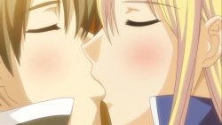 1boy 1girl animated blonde_hair blush brown_hair close-up closed_eyes couple date_wingfield_reiko fault!! hetero highres interior kiss long_hair short_hair video