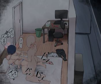 1boy 1girl absurdres arm_behind_back ass asymmetrical_gloves barefoot bed bedroom bikini blue_bikini blue_eyes breasts clothed_female_nude_male clothes_on_floor commentary computer cum doggystyle dolphin_wave elbow_gloves faceless faceless_male gloves hand_on_own_chest highres kirishima_uniform large_breasts layered_bikini night nipples nude on_bed porch pubic_hair pussy_juice sex sex_from_behind short_hair single_elbow_glove sitting skindentation slippers solo_focus standing swimsuit time_lapse tojou_michiru translated uneven_gloves unworn_clothes uruwana