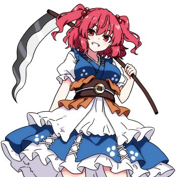 1girl absurdres blush breasts brown_sash coin coin_on_string commentary grin hair_bobbles hair_ornament highres holding holding_scythe large_breasts looking_at_viewer medium_hair obi onozuka_komachi pioartstuff puffy_short_sleeves puffy_sleeves red_eyes red_hair sash scythe short_sleeves smile solo touhou transparent_background two_side_up