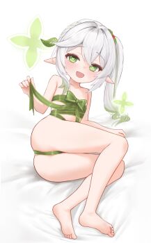 1girl absurdres ass barefoot christmas feet genshin_impact green_eyes highres loli multicolored_hair nahida_(genshin_impact) naked_ribbon nullkurage pointy_ears ribbon side_ponytail solo toes variant_set