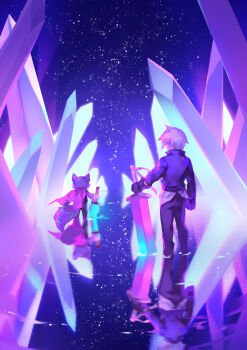 1boy absurdres black_pants blue_jacket commentary creature crystal english_commentary facing_away from_behind grey_hair highres holding holding_sword holding_weapon jacket long_sleeves lydialing_draws male_focus night pants reflection reflective_liquid short_hair sky standing star_(sky) starry_sky sword wading water weapon