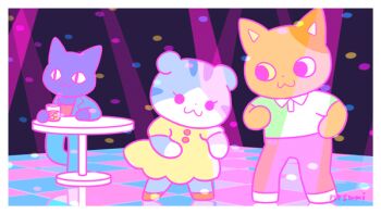 1girl 2boys :3 animated animated_gif blue_pants border cat dancing dot_nose dress drink furry furry_female furry_male green_shirt looping_animation mai_narushima multiple_boys nodding original pants red_footwear red_pants shirt table white_border white_footwear yellow_dress