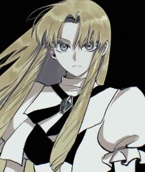 Rule 34 | 1girl, black background, blonde hair, blue eyes, closed mouth, dress, drill hair, floating hair, frown, highres, konjiki no gash!!, long hair, looking at viewer, parted bangs, puffy short sleeves, puffy sleeves, sherry belmont, short sleeves, solo, tsuki1910, upper body, white dress