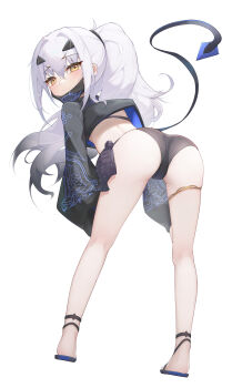 1girl absurdres ass bent_over bikini black_bikini black_jacket breasts cropped_jacket dragon_wings fate/grand_order fate_(series) female_focus forked_eyebrows from_behind full_body high_ponytail highres hongshi_(13234456009) jacket jewelry loli long_hair long_sleeves looking_at_viewer looking_back mask mask_pull melusine_(fate) melusine_(swimsuit_ruler)_(fate) melusine_(swimsuit_ruler)_(first_ascension)_(fate) mouth_mask ponytail sandals shrug_(clothing) sidelocks small_breasts solo swimsuit tail thighlet white_hair wings yellow_eyes