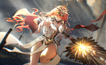 Rule 34 | 1girl, arm armor, armor, augusta (wuthering waves), black collar, breastplate, breasts, closed mouth, collar, commentary, dress, earrings, greatsword, hair over one eye, headgear, highres, holding, holding sword, holding weapon, jewelry, long hair, looking at viewer, medium breasts, nervi fd, orange hair, red eyes, solo, sun earrings, sun necklace, sword, thighs, weapon, white dress, wuthering waves