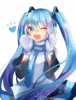 1girl aqua_trim aryuma772 black_skirt blue_eyes blush detached_sleeves hair_between_eyes hair_ornament hatsune_miku highres long_hair long_sleeves looking_at_viewer mittens one_eye_closed pleated_skirt scarf simple_background skirt smile snowflake_print solo vocaloid white_background white_mittens white_scarf wide_sleeves yuki_miku yuki_miku_(2011)
