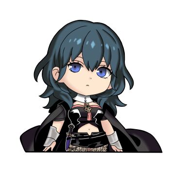 1girl absurdres blue_eyes blue_hair breasts chibi chibi_only cloak collar dagger expressionless female_byleth_(fire_emblem) fire_emblem fire_emblem:_three_houses green_hair highres knife medium_breasts nekomoni nintendo pantyhose solo sticker weapon white_collar wolf_cut