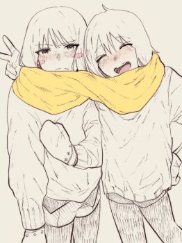 alternate_universe androgynous blush blush_stickers chara_(undertale) closed_eyes closed_mouth frisk_(undertale) gloves heart_soma highres long_sleeves looking_at_viewer mittens nose_blush scarf shirt shorts simple_background smile striped_clothes undertale utdr_(toby_fox) v yellow_scarf