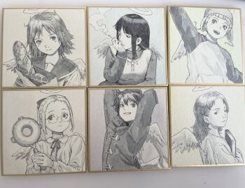 Rule 34 | 6+girls, angel, angel wings, bread, commentary request, feathered wings, food, glasses, haibane renmei, halo, highres, hikari (haibane renmei), hotateyuki, kana (haibane renmei), kuu (haibane renmei), long hair, looking at viewer, monochrome, multiple girls, nemu (haibane renmei), photo (medium), ponytail, rakka (haibane renmei), reki (haibane renmei), shikishi, short hair, smile, smoking, traditional media, upper body, wings