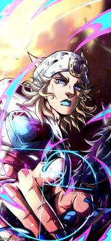 1boy absurdres araki_hirohiko_(style) beanie blonde_hair blue_eyes blue_lips blue_nails commentary energy english_commentary fingernails golden_spiral hat hatching_(texture) highres hood hood_down hoodie horse_print horseback_riding horseshoe_hat_ornament horseshoe_ornament johnny_joestar jojo_no_kimyou_na_bouken looking_at_viewer male_focus medium_hair noonvincent parted_lips pointing pointing_at_viewer red_sleeves reins riding short_sleeves slow_dancer_(jojo) solo star_(symbol) star_print steel_ball_run teeth two-tone_sleeves white_hat white_hoodie white_sleeves wristband