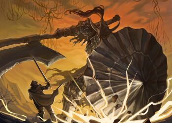 Rule 34 | 1other, armor, armored boots, ashen one (dark souls), axe, battle, boots, cape, commentary request, dark souls (series), dark souls iii, dokomon, dragonslayer armour, duel, fake horns, full armor, full body, helmet, highres, holding, holding axe, holding shield, holding sword, holding weapon, horned helmet, horns, korean commentary, leg armor, lightning, living armor, monster, orange sky, outdoors, shield, sky, sword, torn cape, torn clothes, weapon