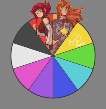 2girls bleach blue_eyes breasts brown_eyes code_geass color_wheel crossover erasersann female_focus highres inoue_orihime kouzuki_kallen large_breasts long_hair multiple_girls orange_hair red_hair short_hair