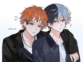 00esu 2boys ? aoyagi_touya arm_on_another's_shoulder black_jacket blonde_streaks blue_hair blue_jacket chain closed_mouth green_eyes grey_eyes highres jacket jewelry looking_at_viewer mole mole_under_eye multicolored_hair multiple_boys necklace official_alternate_costume official_alternate_hairstyle orange_hair project_sekai shinonome_akito shirt split-color_hair streaked_hair teeth watermark white_background white_shirt yaoi zozotown