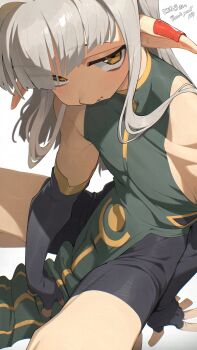 1boy androgynous bare_shoulders between_legs bike_shorts black_shorts blunt_bangs blush borrowed_character bulge commentary_request commission elbow_gloves fingerless_gloves full_body gloves grey_hair hand_between_legs hata4564 highres kanon_(totonero) long_hair looking_at_viewer male_focus original pelvic_curtain piercing pointy_ears shorts simple_background sitting skeb_commission solo spread_legs thank_you trap white_background yellow_eyes