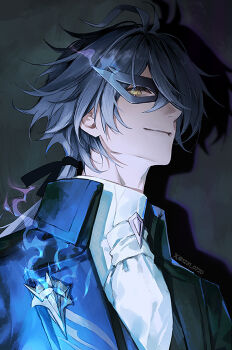 Rule 34 | 1boy, antenna hair, ascot, blue coat, blue hair, closed mouth, coat, collared shirt, commentary, crossed bangs, english commentary, eye mask, eyelashes, flins (genshin fes 2026) (genshin impact), flins (genshin impact), genshin impact, hair over one eye, high collar, lapels, looking at viewer, male focus, mask, np (1231 0720), official alternate costume, one eye covered, portrait, shirt, smile, solo, white ascot, white shirt