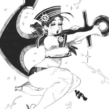 Rule 34 | :o, anchor, armband, braces, breasts, closed eyes, crop top, dixie cup hat, earrings, eyeshadow, facial scar, facing viewer, flip-flops, full body, greyscale, hair bobbles, hair ornament, hat, highres, holding, holding anchor, jewelry, keziedra, low twintails, makeup, micro shorts, military hat, mole, mole on cheek, mole on shoulder, mole on thigh, monochrome, multiple moles, multiple scars, neckerchief, open mouth, original, sailor collar, sailor hat, sandals, scar, scar on cheek, scar on face, scar on leg, shirt, shorts, sleeveless, sleeveless shirt, strong, stud earrings, tapioca (keziedra), teeth, twintails, upper teeth only, water