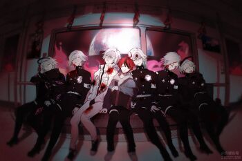 6+boys ahoge animal_charm aotsuki_eito armband bag black_cloak black_gloves black_jacket black_pants black_shoes black_streaks bleeding blood blood_from_forehead charm_(object) chinese_commentary cloak commentary_request corpse doppelganger eye_print fisheye gakuran geta glasses gloves grey_hair grey_jacket grimace headgear highres hood hoodie injury jacket jacket_over_hoodie last_defense_academy_school_uniform male_focus moon multicolored_hair multicolored_jacket multiple_boys multiple_persona pants red_hair school_uniform shoes short_hair shoulder_bag sitting sleeping streaked_hair sumino_takumi the_hundred_line_-last_defense_academy- train_interior two-tone_jacket white_armband white_gloves white_hoodie white_jacket white_pants white_shoes ynghun821014194 zen&#039;ta