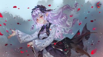 1girl artist_logo black_bow black_bowtie black_nails black_skirt bow bowtie center_frills closed_mouth coconuthound commentary cowboy_shot dress english_commentary fingernails frilled_sleeves frills gem hair_bow hair_spread_out hand_up highres logo long_fingernails long_hair long_sleeves looking_at_viewer mole mole_under_eye nail_polish overskirt purple_bow purple_bowtie purple_gemstone purple_hair red_eyes red_petals shrug_(clothing) skirt solo tearing_up vivian_banshee white_dress white_shrug zenless_zone_zero