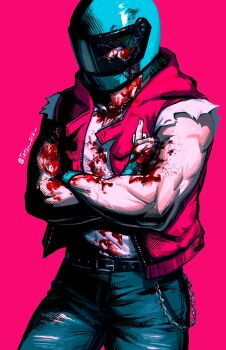 1boy belt wallet_chain biker_(hotline_miami) black_belt bleeding blood blood_on_clothes blood_on_face blue_gloves blue_pants broken_helmet cowboy_shot crossed_arms denim fingerless_gloves gloves helmet highres hood hood_down hooded_vest hoodie hotline_miami index_finger_raised jeans looking_at_viewer male_focus motorcycle_helmet muscular muscular_male pants pink_background red_vest shirt simple_background sleeveless sleeveless_shirt solo tatsu_(tatsumccree) torn_clothes torn_sleeves vest white_shirt
