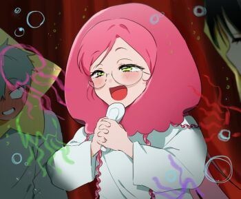 alien_stage black_hair blush bubble commentary dobugi221833 glasses grey_hair highres holding holding_microphone jellyfish_costume korean_commentary long_sleeves microphone mizi_(alien_stage) pink_hair shirt solo_focus star_costume till_(alien_stage) white_shirt yellow_eyes