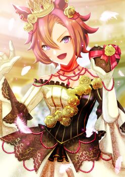 1girl alternate_costume animal_ears bare_shoulders black_dress blurry blurry_background commentary_request crown dress ear_ornament elbow_gloves falling_feathers feathers frilled_dress frills gloves highres horse_ears horse_girl indoors jewelry necklace open_mouth orange_hair otono_(bkt4b) purple_eyes smile solo strapless strapless_dress t.m._opera_o_(umamusume) two-tone_dress umamusume v-shaped_eyebrows valentine white_dress white_gloves