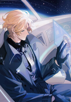 1boy ahoge arm_rest black_gloves black_jacket black_pants black_shirt black_suit black_vest blonde_hair chair chinese_commentary collared_jacket collared_shirt cowboy_shot curtained_hair earrings expressionless formal_clothes glint gloves hand_on_screen heroine_(lovebrush_chronicles) highres holographic_interface indoors jacket jewelry lapels lars_rorschach lars_rorschach_(awakening) long_sleeves looking_at_screen looking_down lovebrush_chronicles male_focus necktie notched_lapels open_clothes open_jacket pants parted_lips profile shirt short_hair sitting sky solo space spacecraft star_(sky) starry_sky stud_earrings suit upper_body vest white_necktie wuren_daoshang_dekezong