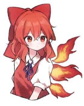 1girl achi_cirno alternate_color alternate_element blue_ribbon bow cirno closed_mouth collared_shirt commentary_request cropped_torso dress expressionless fiery_wings fire hair_between_eyes hair_bow highres korean_commentary looking_to_the_side medium_hair neck_ribbon pinafore_dress red_bow red_dress red_eyes red_hair ribbon shirt short_sleeves simple_background sleeveless sleeveless_dress solo soooooook2 touhou white_background white_shirt wing_collar wings