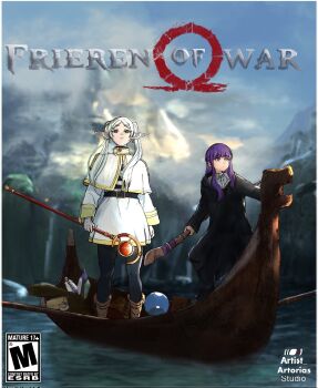 2girls absurdres artist_artorias boat border capelet closed_mouth copyright_name cover day derivative_work dress earrings elf english_text fake_cover fern_(sousou_no_frieren) frieren god_of_war_ragnarok green_eyes highres jewelry long_hair long_sleeves looking_at_viewer multiple_girls outdoors pantyhose parody parted_bangs pointy_ears purple_hair river sousou_no_frieren standing twintails video_game_cover video_game_cover_redraw watercraft white_border white_capelet