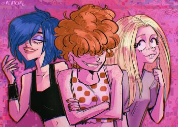 3girls blonde_hair blue_hair buck_teeth ed_edd_n_eddy freckles grin hair_over_one_eye highres lee_kanker marie_kanker may_kanker meatgiri multiple_girls short_hair siblings sisters smile tank_top teeth