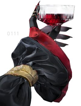 alcohol arlecchino_(genshin_impact) black_nails cup drinking_glass fingernails frilled_sleeves frills genshin_impact hand_up holding holding_cup jewelry long_fingernails mm19_mumu nail_polish no_humans red_nails red_wine ring simple_background white_background wine wine_glass