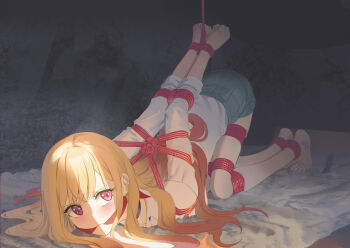 Rule 34 | 1girl, absurdres, arms behind back, barefoot, bdsm, blonde hair, blue skirt, bondage, bound, bound ankles, bound arms, bound legs, bound thighs, bound torso, bound wrists, cailin020, cleave gag, cloth gag, earrings, gag, gagged, highres, improvised gag, jewelry, kitagawa marin, long hair, miniskirt, multiple earrings, nail polish, pink nails, pleated skirt, red eyes, school uniform, shibari, shibari over clothes, shirt, skirt, sleeves rolled up, solo, sono bisque doll wa koi wo suru, toenail polish, toenails, toes, very long hair, white shirt