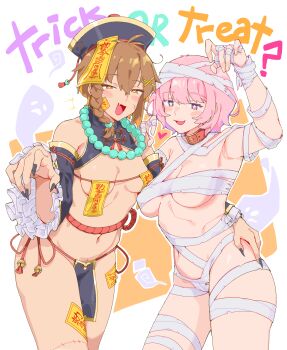 2girls absurdres areola_slip bandages bead_necklace beads black_hat black_nails black_sleeves blush breasts brown_eyes brown_hair brown_pubic_hair claw_pose commentary cowboy_shot detached_sleeves female_pubic_hair fingernails fukana_miyu_(kokuya28) hair_ornament halloween halloween_costume hat highres jewelry jiangshi_costume kokuya_(kokuya28) looking_at_viewer medium_breasts multiple_girls mummy_costume naked_bandage navel necklace ofuda ofuda_on_nipples open_mouth original pasties pelvic_curtain pink_hair pubic_hair pubic_hair_peek purple_eyes qingdai_guanmao short_hair small_breasts smile symbol-only_commentary trick_or_treat white_background x_hair_ornament